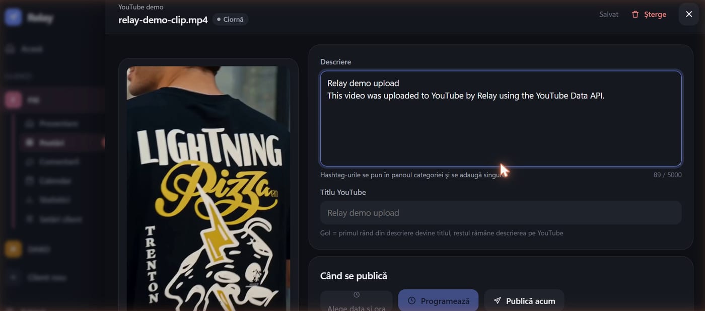 The Relay post editor: caption, YouTube title and publishing options for a video